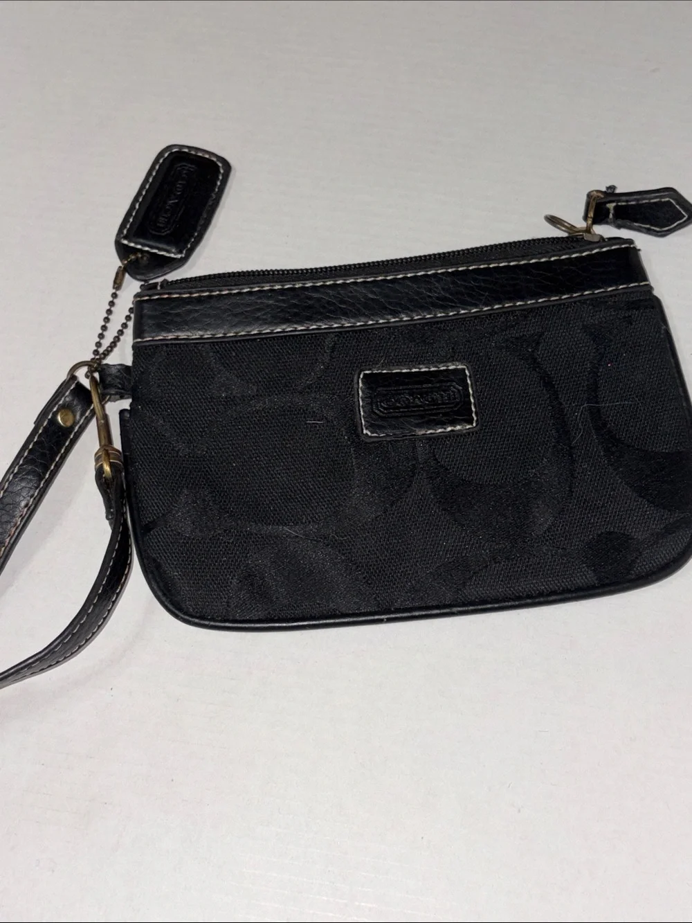 Coach Black Signature Wristlet with Leather Trim